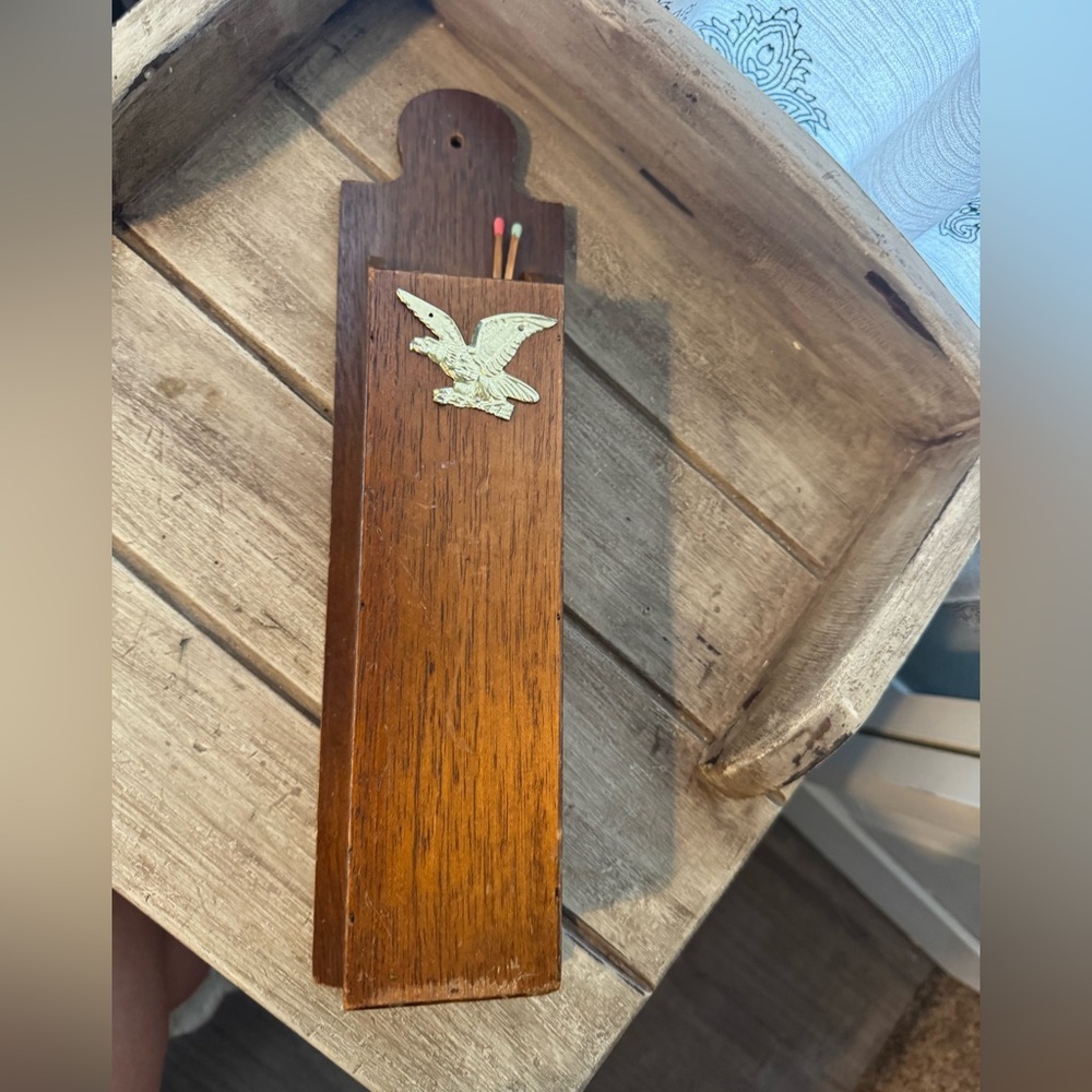 Vintage Wooden Match Holder with Gold Bird Design